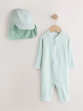 Next Mint Green Striped Sunsafe Swimsuit and Hat Set Size 12/18 Months